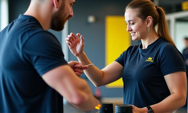 Entrenador personal guiando a un cliente en un ejercicio de fuerza